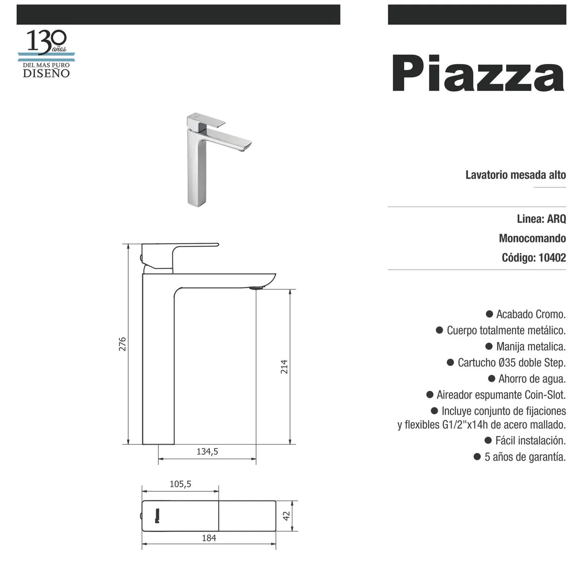 Grifería Para Baño Completo Piazza Lavatorio - 10402 - De mesa Alto lavamanos Canilla A - Imagen 3